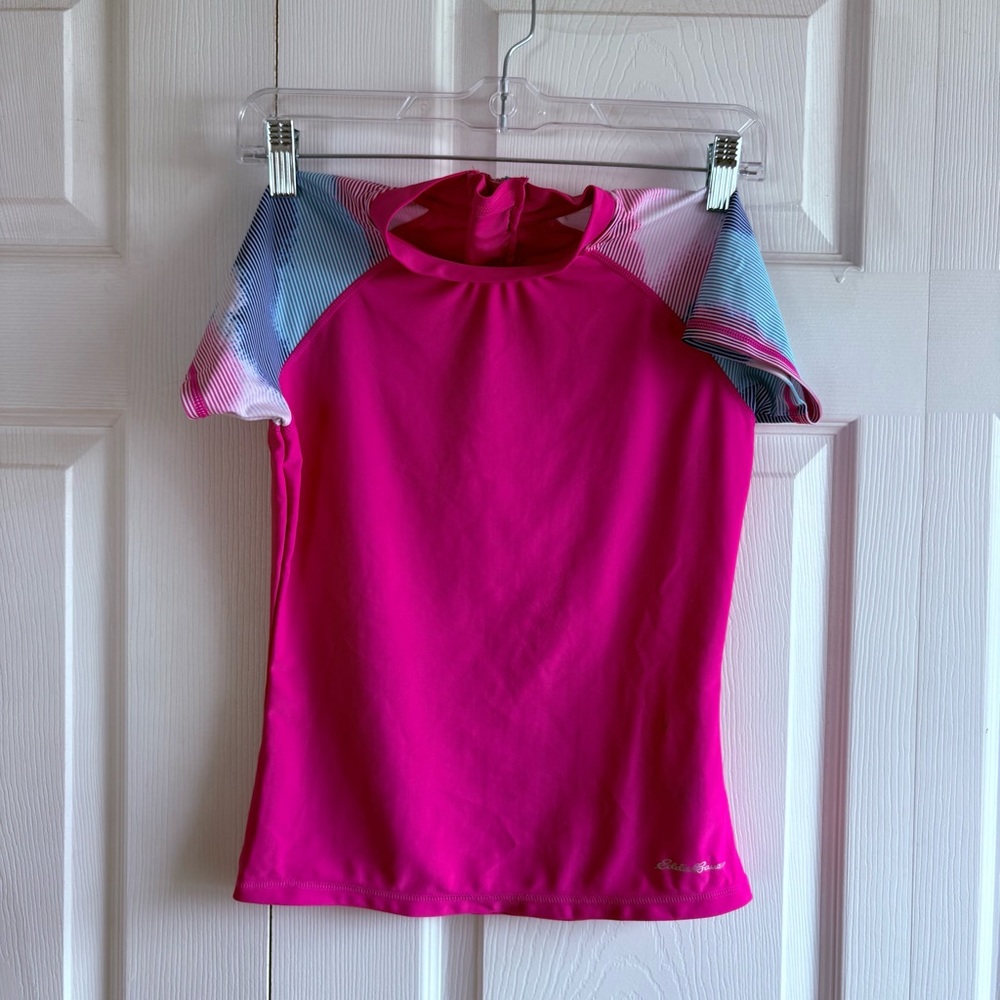 Eddie Bauer Girls M 10/12 Swim Shirt Short Sleeves Pink Rush Guard Swimsuit
